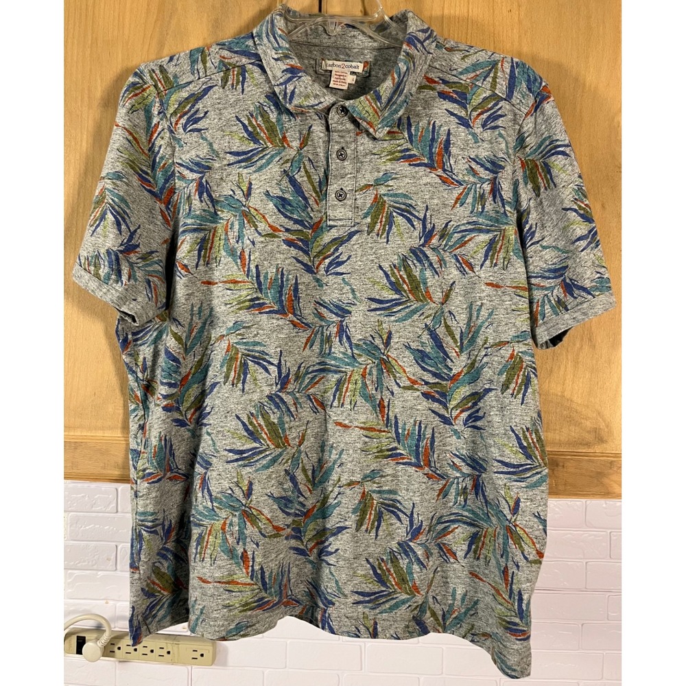 Carbon2Cobalt Polo Shirt Mens Large Gray Tropical Leaf Print Cotton